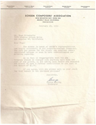 George Duning Signed Letter to Film Composer Hugo Friedhofer